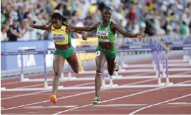  ?? Photograph: John G Mabanglo/EPA ?? Tobi Amusan celebrates her 100m hurdles gold medal. The Nigerian finished the final in 12.06, which would have broken the world record she had set 90 minutes earlier in the semifinal but for the wind speed rendering it ineligible.