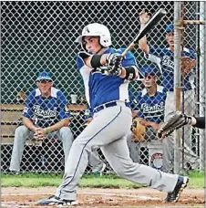  ?? Photo by Teri Seibert ?? Dylan Evert gets a good swing at the plate in Lower Bucks Legion playoff with Yardley Morrisvill­e. While Bristol lost July 14 to the Rivershark­s, Post 382 rebounded with three straight wins to reach the finals.