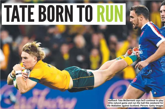  ?? ?? Halfback Tate Mcdermott says he’ll continue to play his natural game and run the ball this weekend for the Wallabies against Scotland. Picture: Getty Images