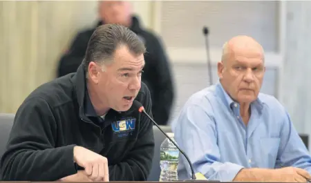  ?? FAITH NINIVAGGI PHOTOS/ BOSTON HERALD ?? SOLIDARITY: John Buonopane, left, president of Local 12012, speaks during the Boston City Council’s public hearing on gas safety yesterday as Joe Kirylo, president of the Boston Gas Workers union, listens.