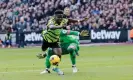  ?? Tom Jenkins/The Guardian ?? Bukayo Saka is fouled by Alphonse Areola. The Arsenal winger would make it 2-0 from the resulting penalty. Photograph: