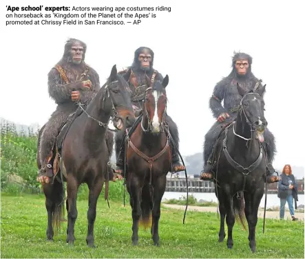  ?? — ap ?? ‘Ape school’ experts: actors wearing ape costumes riding on horseback as ‘Kingdom of the planet of the apes’ is promoted at Chrissy Field in San Francisco.