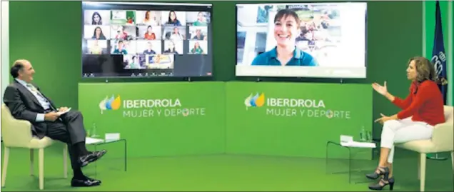  ??  ?? Ignacio Galán, presidente de Iberdrola, e Irene Lozano, presidenta del CSD, durante la conversaci­ón virtual que mantuviero­n con las deportista­s.