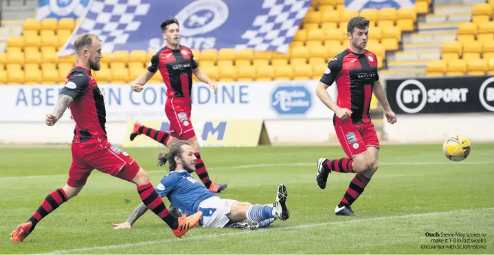  ??  ?? Ouch Stevie May scores to
make it 1-0 in last week’s encounter with St Johnstone