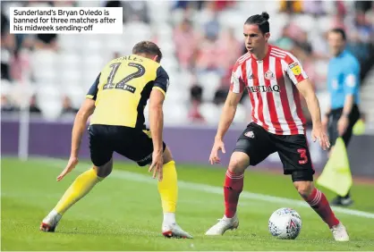  ??  ?? Sunderland’s Bryan Oviedo is banned for three matches after his midweek sending-off