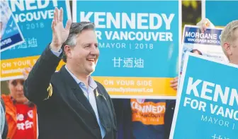  ?? GERRY KAHRMANN ?? Mayor Kennedy Stewart, seen on the campaign trail two years ago, is sounding very much like the next race has already begun — and the NPA appears to be the target of his opening volleys.