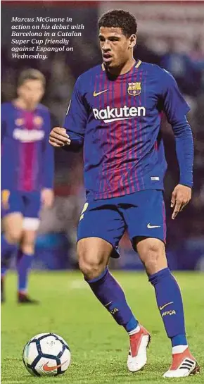  ??  ?? Marcus McGuane in action on his debut with Barcelona in a Catalan Super Cup friendly against Espanyol on Wednesday.