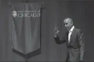  ?? ZBIGNIEW BZDAK/CHICAGO TRIBUNE ?? Former President Barack Obama gestures at a discussion with six Chicago-area students on Monday at the Logan Center for the Arts on the University of Chicago campus.