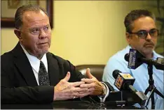  ?? ?? Defense attorney H.A. Sala, left, offers a different timeline of events from that of Kern County Sheriff Donny Youngblood, saying his office has a “reasonable basis” that there is not “corroborat­ed evidence” that county Supervisor Zack Scrivner sexually assaulted one of his children.