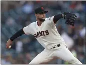  ?? NHAT V. MEYER — BAY AREA NEWS GROUP, FILE ?? Giants pitcher Tyler Beede throws against the D’backs in August 2019at Oracle Park in San Francisco.