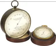  ??  ?? Above, from left: a useful flintlock ‘strike-a-light’ and a brass and marble cannon sundial, or noon-day gun, both sold by Bonhams; and check the weather with these barometers, sold by Charles Miller