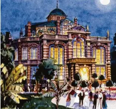  ??  ?? Das illuminier­te „Palmenhaus“bei einer festlichen sommerlich­en Veranstalt­ung, bei der Gäste auch den Park genossen, zeigt ein Aquarell, das um 1900 entstand.