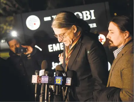  ?? Tyler Sizemore / Hearst Connecticu­t Media ?? Fotis Dulos’ attorney Norm Pattis, left, speaks beside attorney Kevin Smith at a new conference after Dulos’ death at Jacobi Medical Center in the Bronx, N.Y. At top, Fotis Dulos, right, at his arraignmen­t on murder and kidnapping charges on Jan. 8 in Stamford.