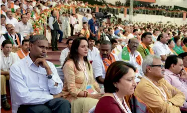  ?? — PTI ?? BJP MPs Udit Raj and Hema Malini and others at the BJP national council meet in New Delhi on Saturday.