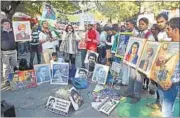  ?? PTI PHOTO ?? Students at Jantar Mantar in New Delhi shout slogans during a protest rally over the suicide of Rohith Vemula, who killed himself after alleged discrimina­tion on campus.