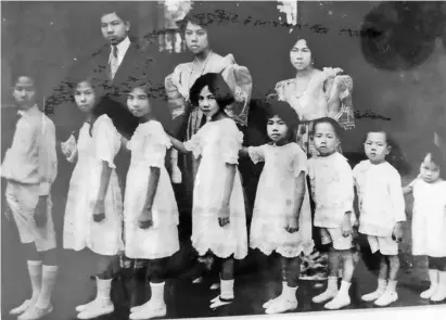  ??  ?? (FRONT row, from left) Leopoldo, Elisa Bayon, Leonor Andrews, Josefa Rivera, Carided Papa (still alive at 107) Alfonso, Benito and Victoria Fe. (Back row) Mariano (eldest male), Esperanza and Magdalena.