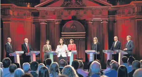  ?? Picture: PA. ?? BBC news presenter Mishal Husain, centre, with, from left, Liberal Democrat leader Tim Farron, Labour leader Jeremy Corbyn, Green Party co-leader Caroline Lucas, Plaid Cymru leader Leanne Wood, Home Secretary Amber Rudd, Ukip leader Paul Nuttall and...