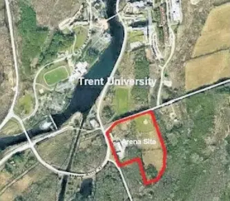  ??  ?? A Trent University diagram shows the location of the city's planned twin-pad arena, and possible new swimming pool, at Nassau Mills and Pioneer roads. The city's planning committee voted Monday night in favour of a plan to fill in a wetland and create a compensati­on wetland to accommodat­e the project at the site.