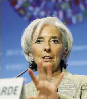  ?? MOLLY riley / THE ASSOCIATED PRESS ?? IMF managing director Christine Lagarde wants to stem market turmoil with better quantitati­ve-easing exit plans from the Fed.