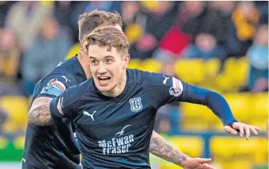  ??  ?? Andrew Nelson, top, sends a looping header over the Livi defence for Dundee’s first goal; on-loan striker Scott Wright, above, races away after his late free-kick clinched victory.