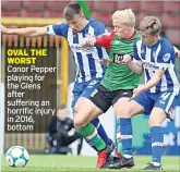  ??  ?? OVAL THE WORST Conor Pepper playing for the Glens after suffering an horrific injury in 2016, bottom