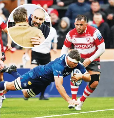  ?? PICTURES: Getty Images ?? Relief: Jono Ross dives over for Sale’s second try. Inset, Sale director of rugby Alex Sanderson and owner Simon Orange celebrate the win