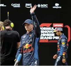  ?? Picture: Tyrone Siu/Reuters ?? Red Bull's Max Verstappen celebrates after qualifying in pole position at the Chinese Grand Prix yesterday .