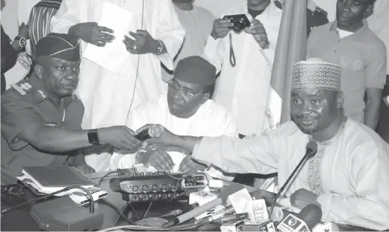  ?? PHOTO: ?? From left: Director Search and Rescue, Air Commodore Charles Otegbade; Secretary-General Nigeria Red Cross Society, Bello Diram; and Director- General, National Emergency Management Agency (NEMA), Muhammad Sani- Sidi, during a press briefing on the...