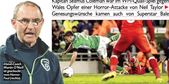  ??  ?? Irland- Coach Martin O’Neill ist geschockt vom HorrorFoul ( rechts).