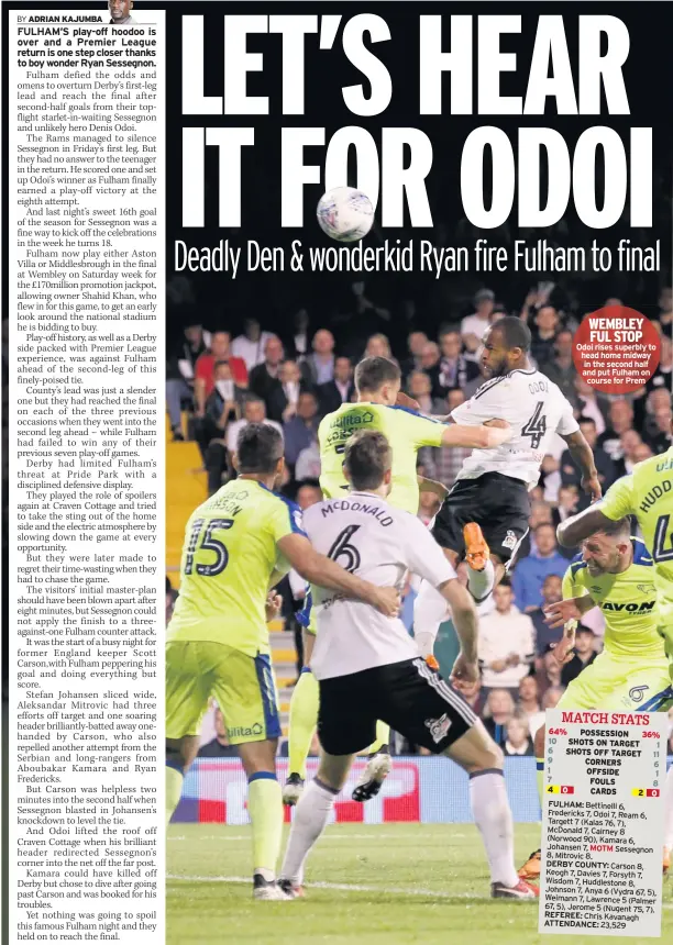  ??  ?? WEMBLEY FUL STOP Odoi rises superbly to head home midway in the second half and put Fulham on course for Prem