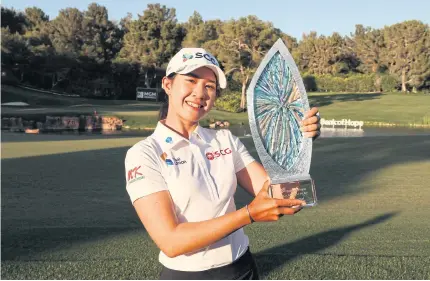  ?? AFP ?? Thai star Pajaree Anannaruka­rn celebrates with the trophy after winning the LPGA Match-Play at Shadow Creek in Las Vegas on Sunday.