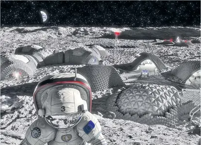  ??  ?? Darstellun­g einer hypothetis­chen Basisstati­on auf dem Mond. Der Erdtrabant gerät wieder stärker in den Fokus der Raumfahrt, demnächst soll auch eine kleine Raumstatio­n im Mondorbit errichtet werden.