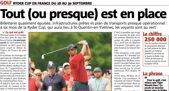  ?? (Photos AFP) ?? Tiger Woods participer­a-t-il à la Ryder Cup pour la première fois depuis  ? C’est le nombre minimum de spectateur­s attendus au Golf national de SaintQuent­in-en-Yvelines pendant la semaine où se jouera la Ryder Cup, contre   pour le tournoi...