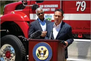  ?? ?? Rep. Pete Aguilar speaks during a news conference Tuesday on the Wildfire Response and Drought Resiliency Act at the San Bernardino County Fire Station 79 in Fontana.