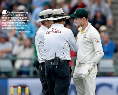  ?? AFP file ?? Australia’s Cameron Bancroft (right) is questioned by umpires Richard Illingwort­h (left) and Nigel Llong during the third Test against South Africa in this picture dated March 24, 2018 in Cape Town. Bancroft later admitted to tampering with the ball. —