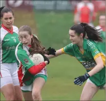  ?? ?? A Lisnaskea player evades the challenge of her Castleblan­ey opponent.