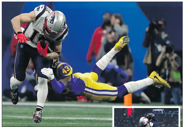  ?? — JEFF ROBERSON/AP ?? Patriots receiver Julian Edelman (left) breaks a tackle from the Rams’ John Johnson III in Atlanta last night. Inset, the Patriots’ Stephon Gilmore catches a fourth-quarter intercepti­on on a pass intended for Rams receiver Brandin Cooks.