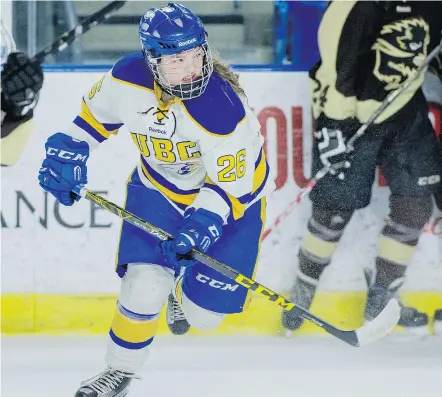  ?? — UBC ATHLETICS FILES ?? UBC second-year forward Mathea Fischer heads home during the Canada West conference holiday break to play for the Norwegian senior women’s national team in an Olympic qualifier.