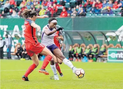  ?? AL SERMENO/ISI PHOTOS ?? Orlando Pride forward Chioma Ubogagu puts her team up early with a goal during a 2-1 road loss vs. Portland Sunday at Providence Park.