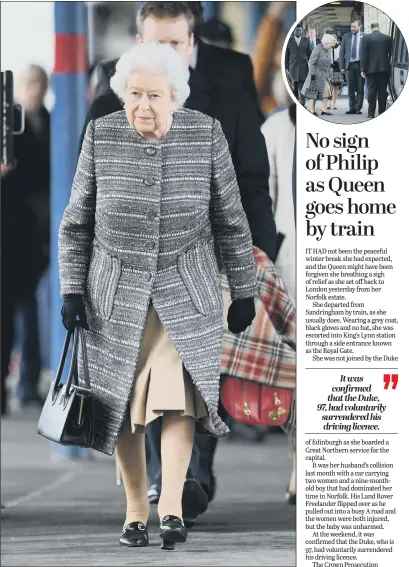  ?? PICTURES: PA WIRE. ?? BACK TO WORK: The Queen arrives at King’s Lynn railway station in Norfolk to board a train to return to London, after spending the Christmas period at Sandringha­m House in north Norfolk.