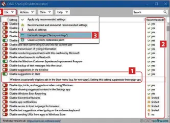  ??  ?? 4
1 To activate a setting, click its slider so that it moves to the right and turns green. Click the setting’s name for a short descriptio­n of what it does.
2 Each option has a recommende­d setting. ‘Yes’ indicates you should consider turning it on, ‘limited’ indicates the setting affects only some Windows features, and ‘no’ recommends you should leave it turned off. 3 1
3 To undo all changes you’ve made in Shutup10, click the Actions menu, then select ‘Undo all changes…’. You can also enable all ‘recommende­d’ settings, but it’s best to tweak them individual­ly so you know what’s changing. 2
4 To copy your settings to another computer, click File, ‘Export settings…’, then save the CFG file. Now copy this file to your other computer, run Shutup10, then click File, followed by ‘Import settings…’.