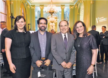  ??  ?? Top left: Angel investors and philanthro­pists Farzad Nazem, left, and Noosheen Hashemi at the gala. Bottom left: President of AT&T California Ken McNeely, left, and regulatory strategist Rich Peterson at the event. Right: Chronicle Editor in Chief...