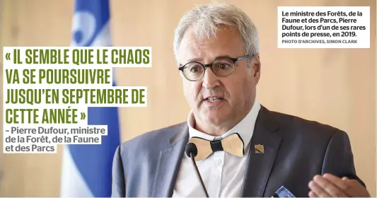  ?? PHOTO D’ARCHIVES, SIMON CLARK ?? Le ministre des Forêts, de la Faune et des Parcs, Pierre Dufour, lors d’un de ses rares points de presse, en 2019.