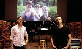  ??  ?? Composer Jake Heggie and baritone Joshua Hopkins, on the scoring stage of Skywalker Sound, with a photo of Hopkins’ sister Nathalie Warmerdam in the background. Photograph: Zoe Tarshis