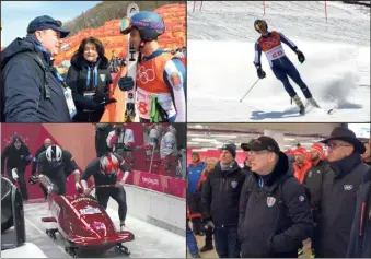  ?? (Photos COM) ?? En haut : Olivier Jenot à l’arrivée du slalom géant, félicité par le prince Albert II. En bas : les bobeurs Rudy Rinaldi et Boris Vain lors de la poussée au départ, encouragés par le souverain, spécialist­e de la discipline pour avoir été pilote de...