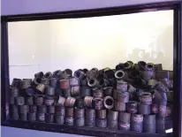  ??  ?? THESE CANISTERS contained Zyklon B, the pesticide used to kill the prisoners in the gas chambers of Auschwitz. It blocked the oxygen, so the people died of internal suffocatio­n.