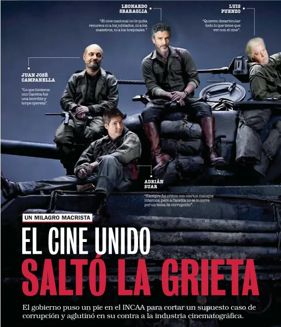  ??  ?? LEONARDO SBARAGLIA LUIS PUENZO “El cine nacional no le quita recursos ni a los jubilados, ni a los maestros, ni a los hospitales.ˮ “Quieren desarticul­ar todo lo que tiene que ver con el cineˮ. JUAN JOSÉ CAMPANELLA “Lo que hicieron con Cacetta fue una...