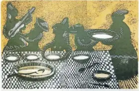  ??  ?? ► Almorzando en Quinchamal­í, litografía, 1957.