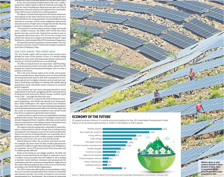  ??  ?? Workers check on solar panels in Chuzhou in Anhui province of China. China is committing US$ 361 billion to renewable power generation by 2020.