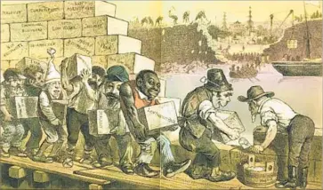  ?? Friedrich Graetz Library of Congress ?? “THE ANTI-CHINESE WALL: The American Wall Goes Up as the Chinese Original Goes Down,” from 1882, shows workers of many background­s building a wall to keep out the Chinese as China opens up to allow trade.